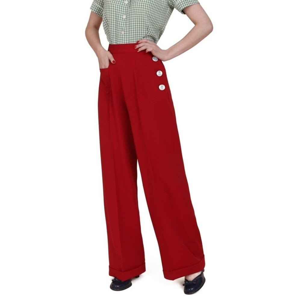 1940s Vintage Reproduction High Waisted Red Trousers w/Button detail